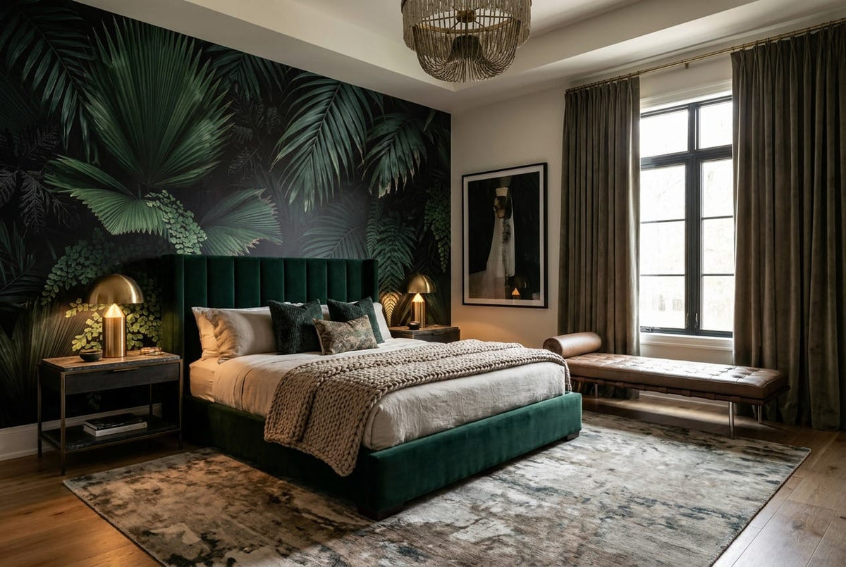 Emerald Palm Fern Dark Jungle Wallpaper Mural in dark