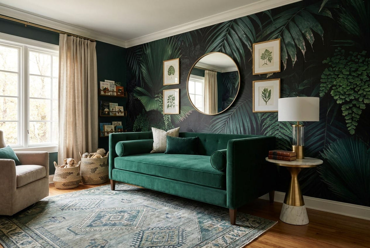Emerald Palm Fern Dark Jungle Wallpaper Mural in dark