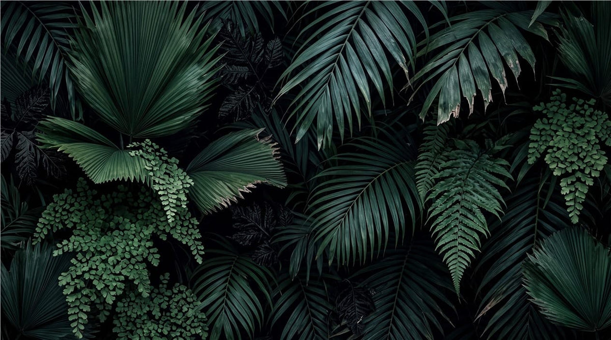 Emerald Palm Fern Dark Jungle Wallpaper Mural in dark