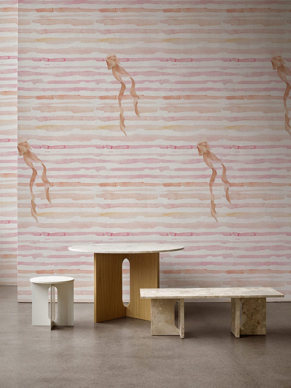 Tropical Monkey Bliss wallpaper with pastel sunset tones, modern tables, stone flooring, artistic decor.