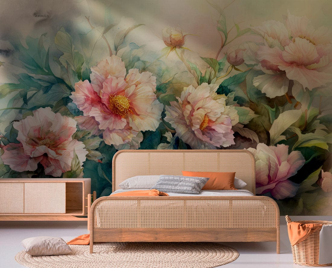Elegant pastel watercolour floral mural wallpaper with soft pink hues in bedroom, featuring woven bed.