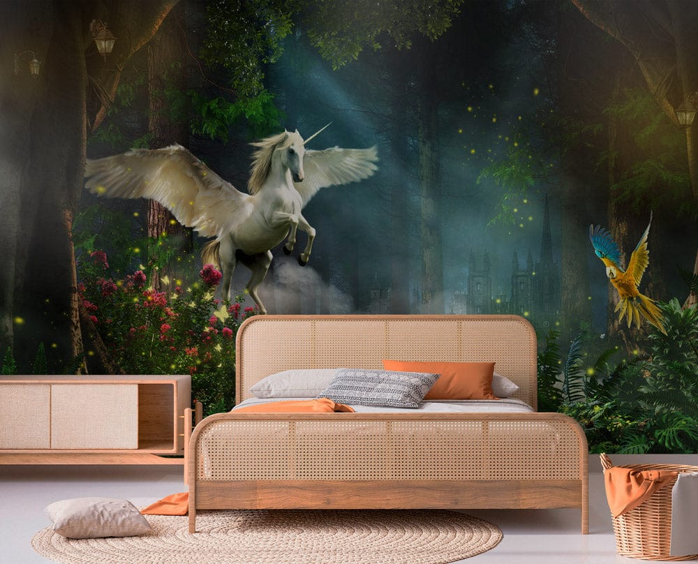 Magical unicorn mural in enchanted forest, bedroom with rattan bed, neutral wooden furniture, woven rug.