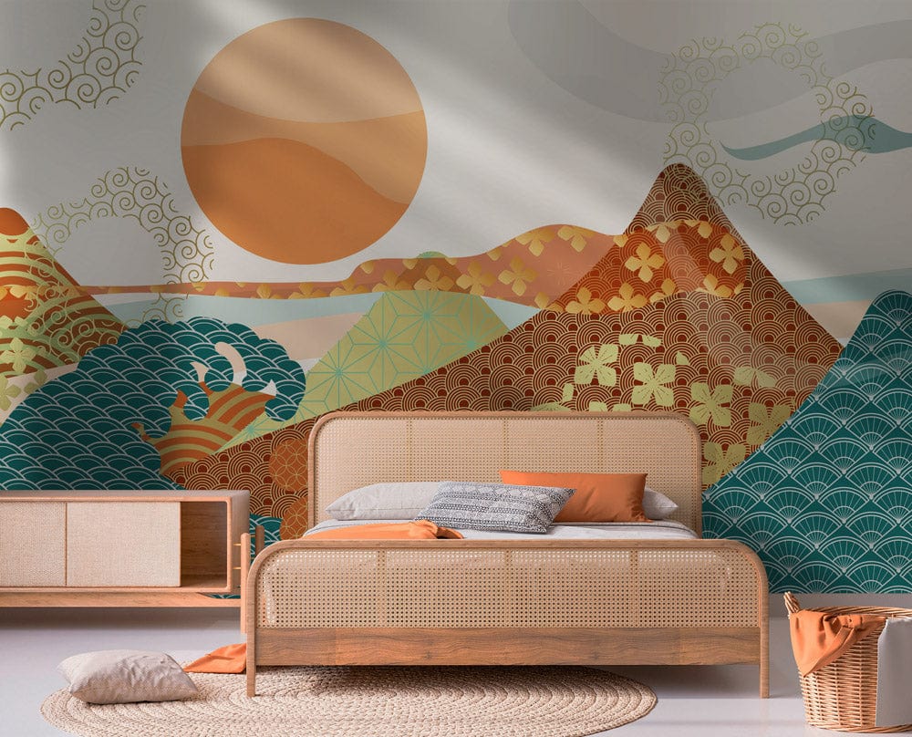 Vintage Japanese landscape wallpaper, earthy tones, geometric patterns, wicker bed, light flooring, serene bedroom.