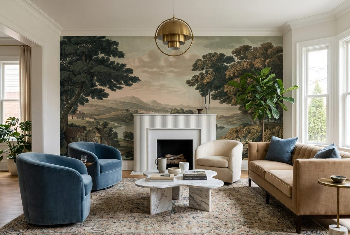Vintage Watermill Bay Lake Scenic Wallpaper Mural in den