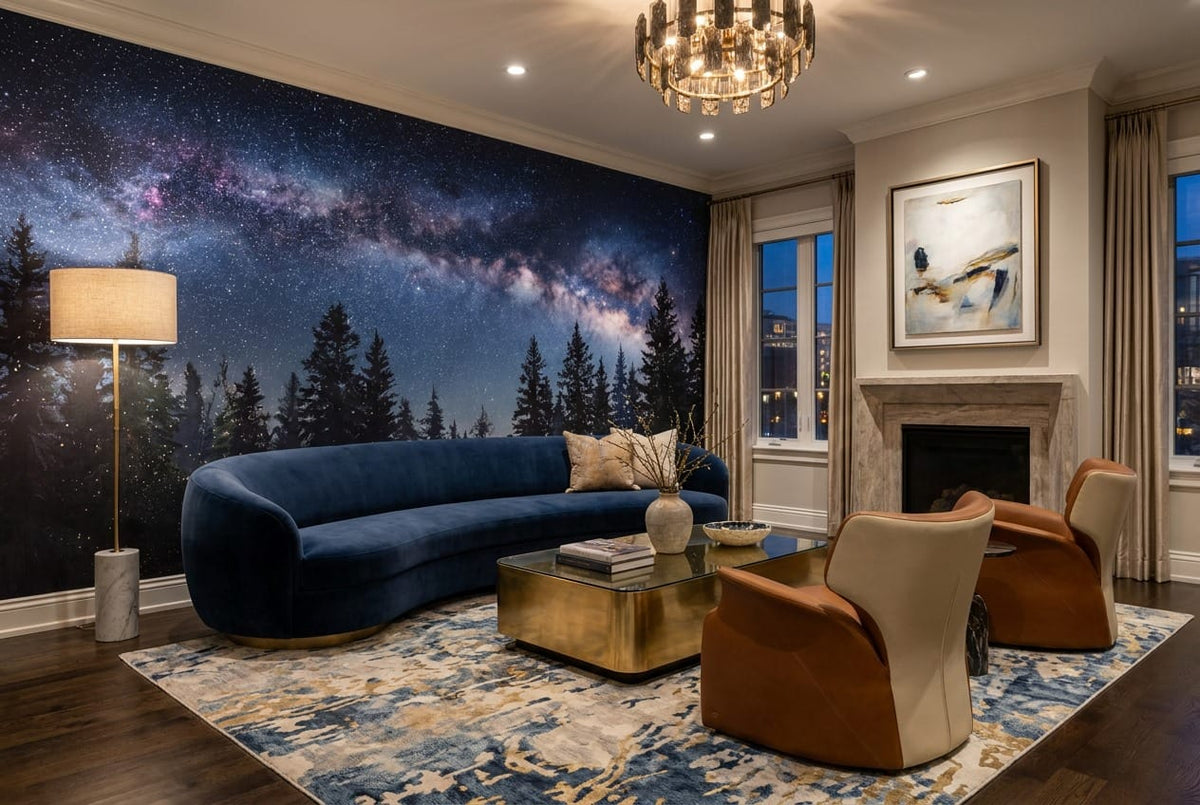 Navy Ink Dreamy Nordic Night Forest Wallpaper Mural in den