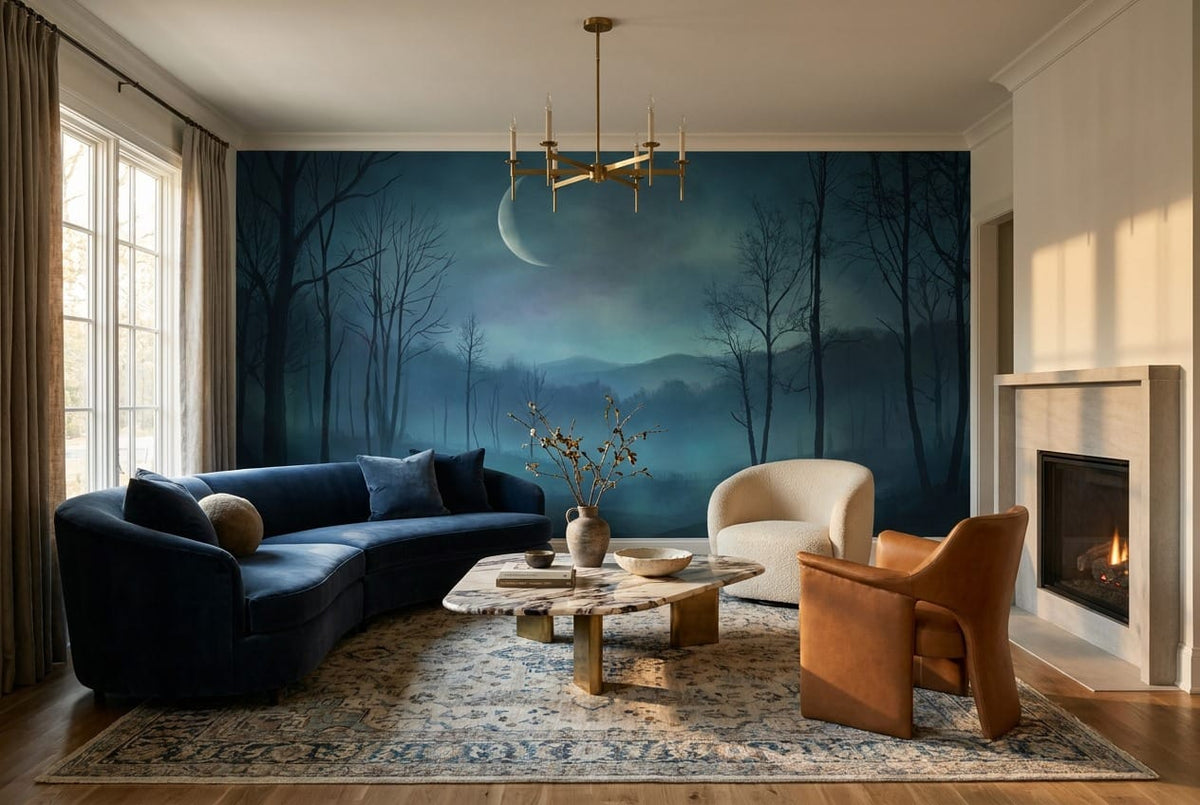 Deep Sky Mysterious Nordic Night Forest Wallpaper Mural in den