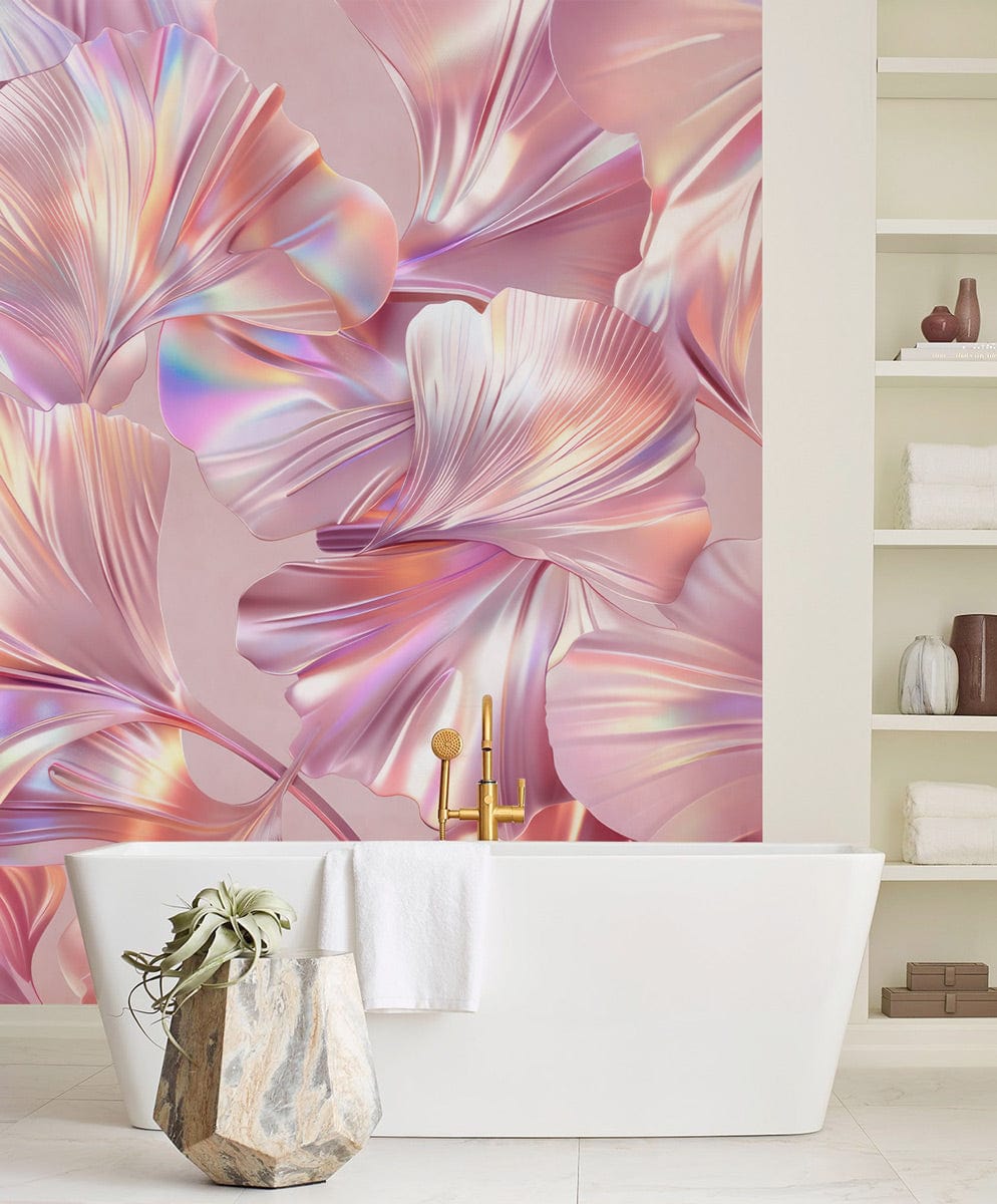 Iridescent pink floral wallpaper in elegant bathroom with white bathtub, brass fixtures, neutral shelving.