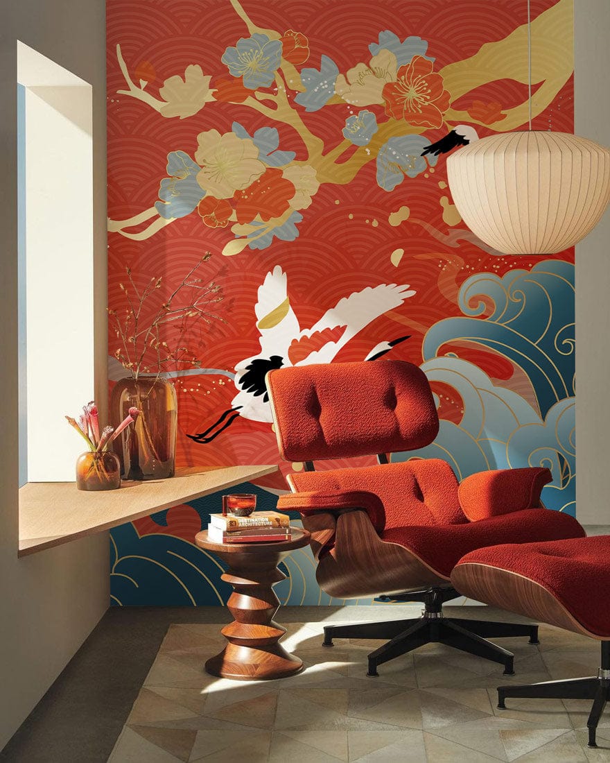 Japanese Crane Wallpaper with Red Waves in Lounge, Modern Orange Chair, Geometric Flooring, Pendant Light.