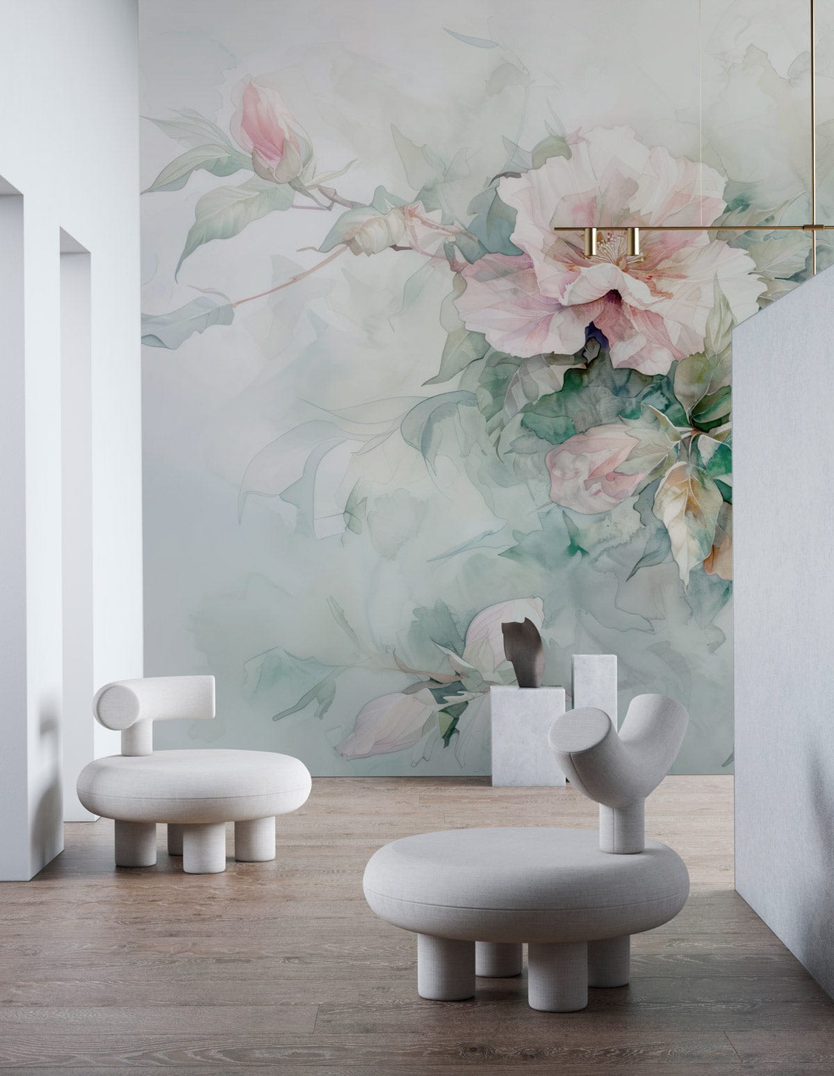 Elegant pastel floral mural wallpaper with white modern chairs, wooden flooring in a contemporary room.