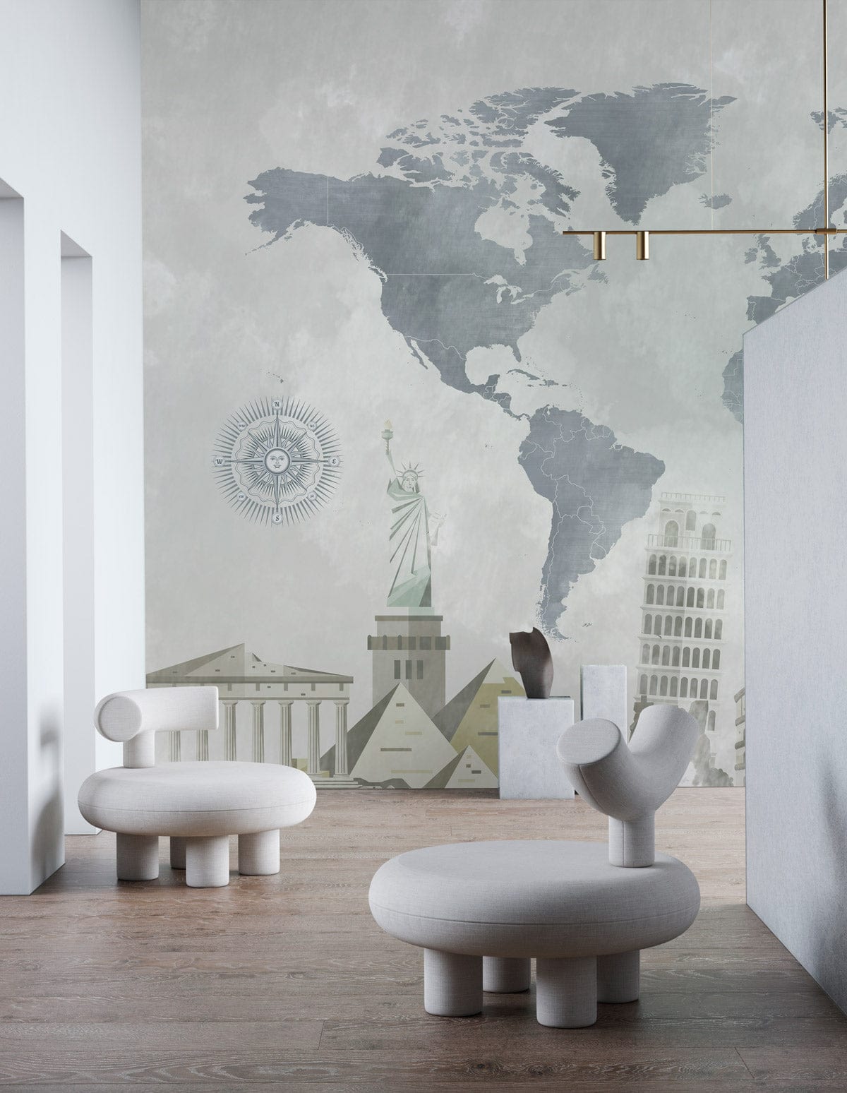 Vintage world map mural wallpaper with iconic landmarks; modern white chairs, light wood flooring.