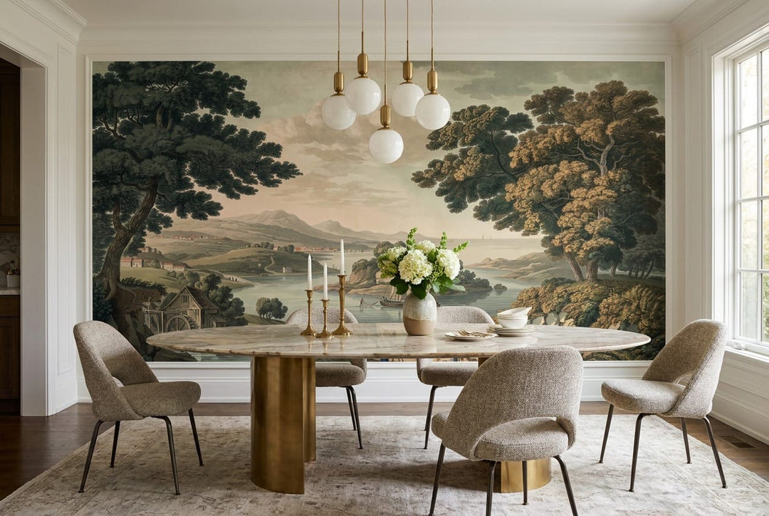 Vintage Watermill Bay Lake Scenic Wallpaper Mural in dine