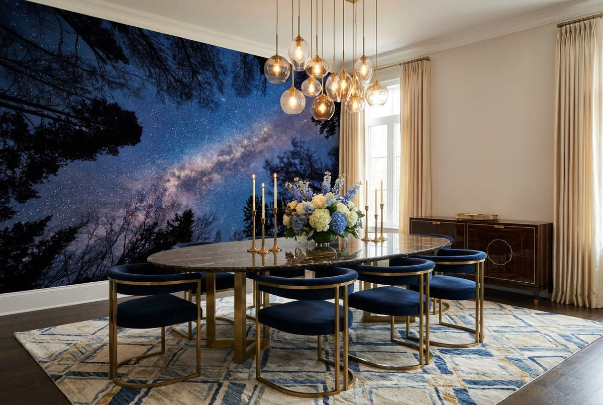 Moonlit Ink Starry Nordic Night Forest Wallpaper Mural in dine