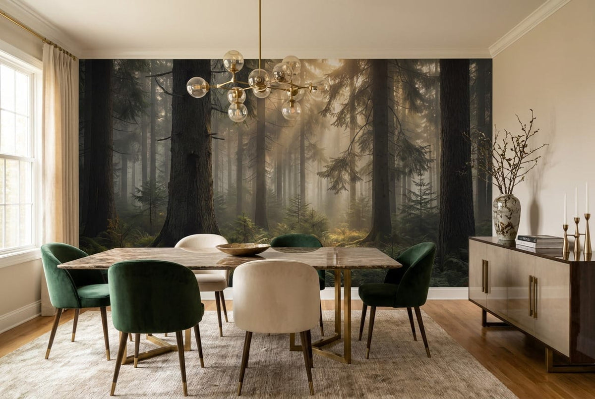 Midnight Tan Glowing Nordic Night Forest Wallpaper Mural in dine