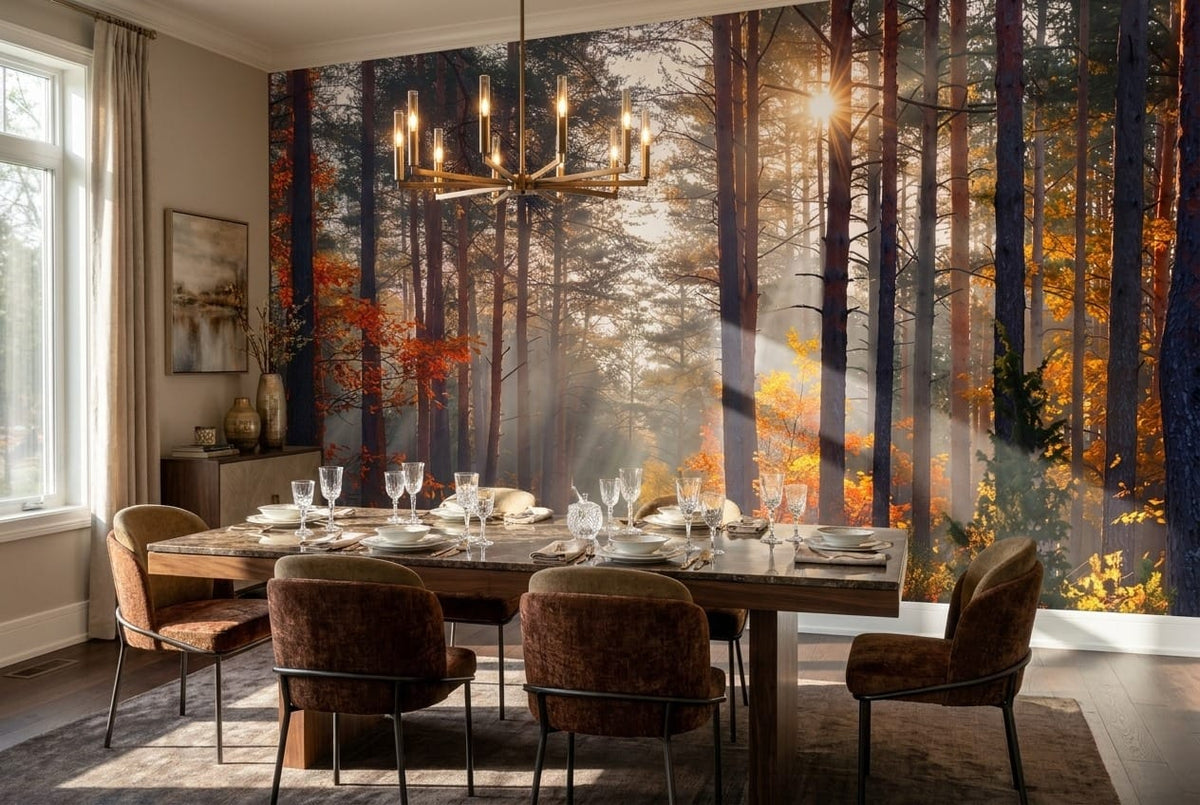 Sunbeam Pine Autumn Forest Path Wallpaper Mural in dining