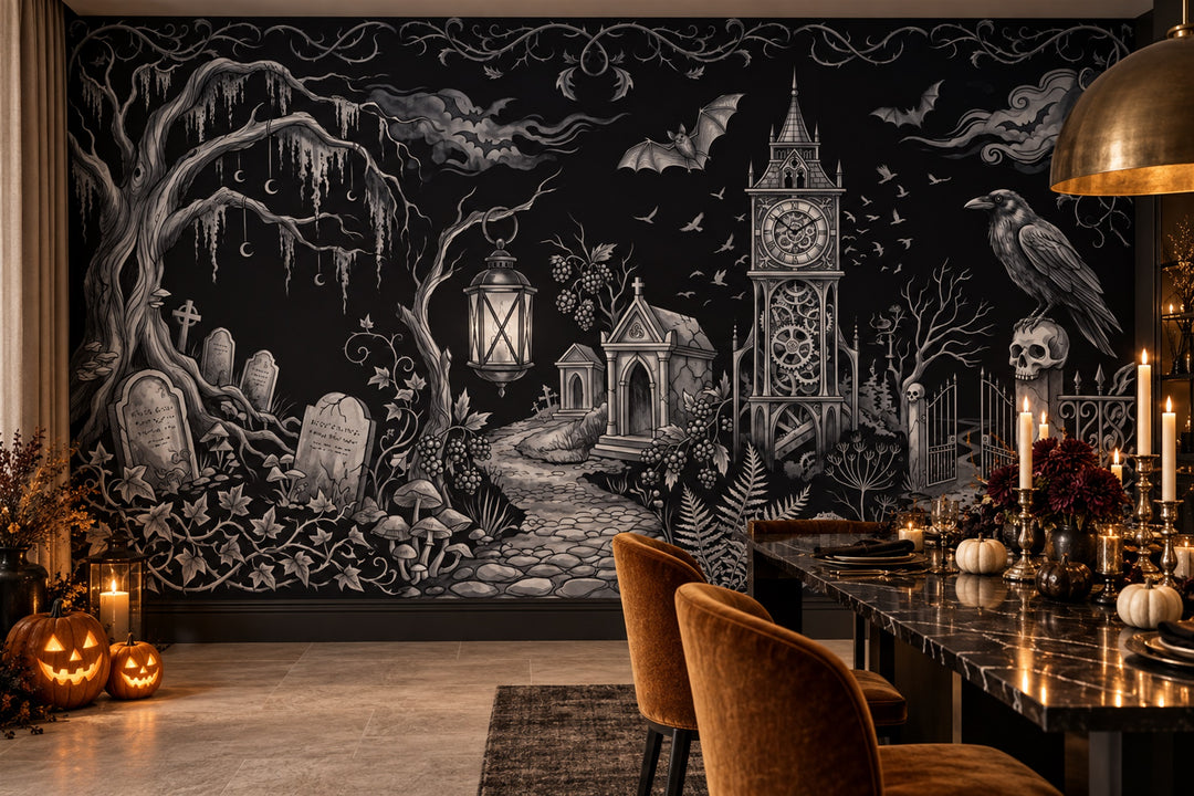 dining gothic black clock custom non woven vinyl stick on removable wallpaper mural
