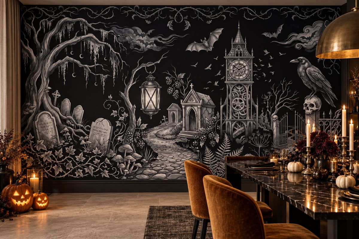 dining gothic black clock custom non woven vinyl stick on removable wallpaper mural