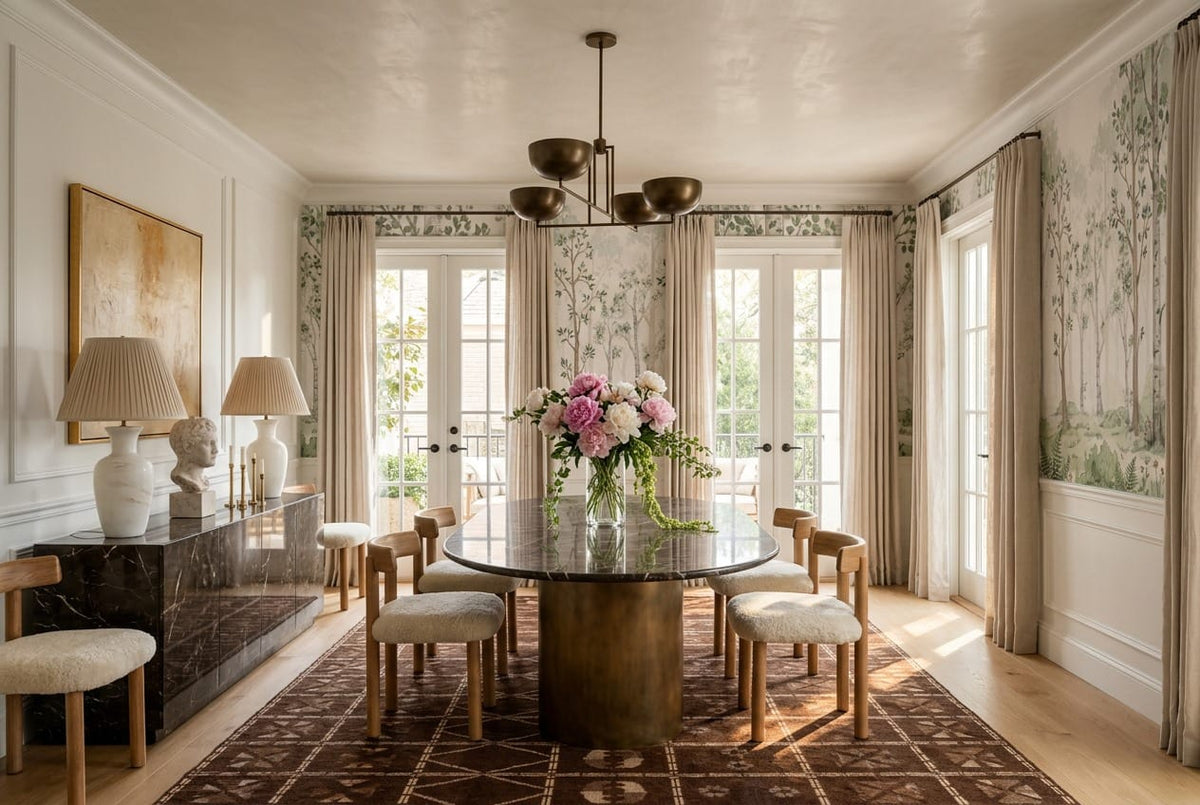 Cream Green Nordic Watercolor Birch Forest Wallpaper Mural in dining