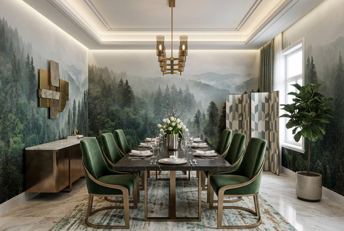 Forest Green Photographic Alpine Misty Forest Wallpaper Mural scene image