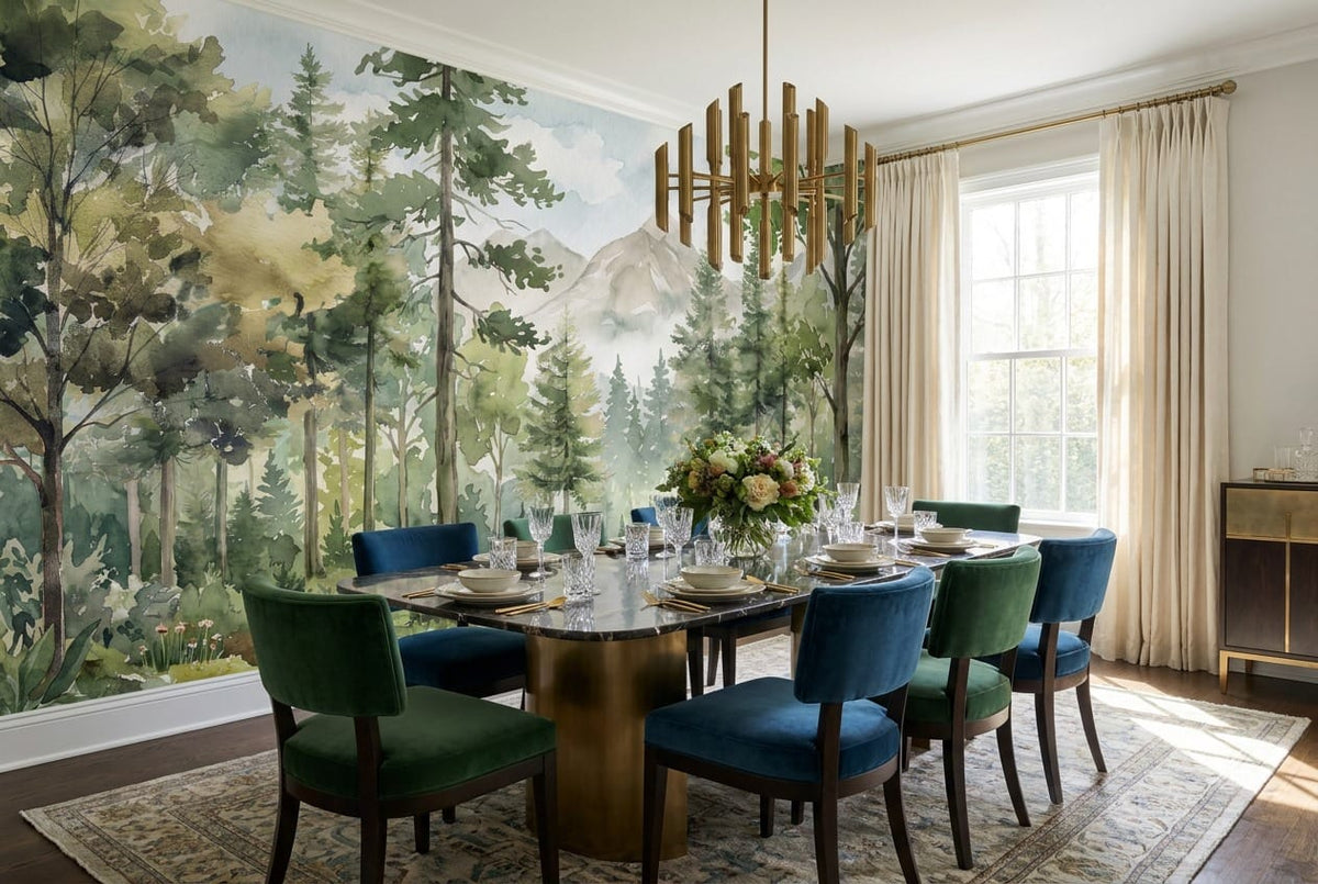 Forest Green Watercolor Alpine Forest Green Wallpaper Mural scene image