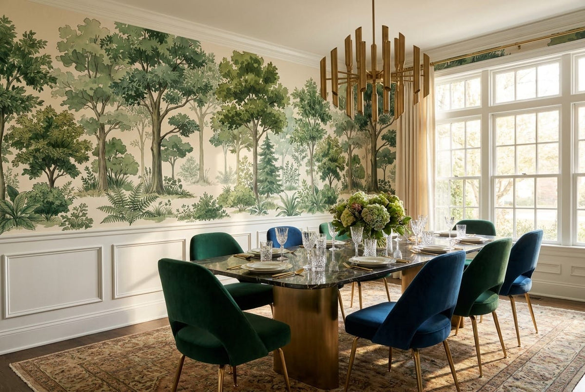 Soft Green Watercolor Nordic Forest Green Wallpaper Mural scene image