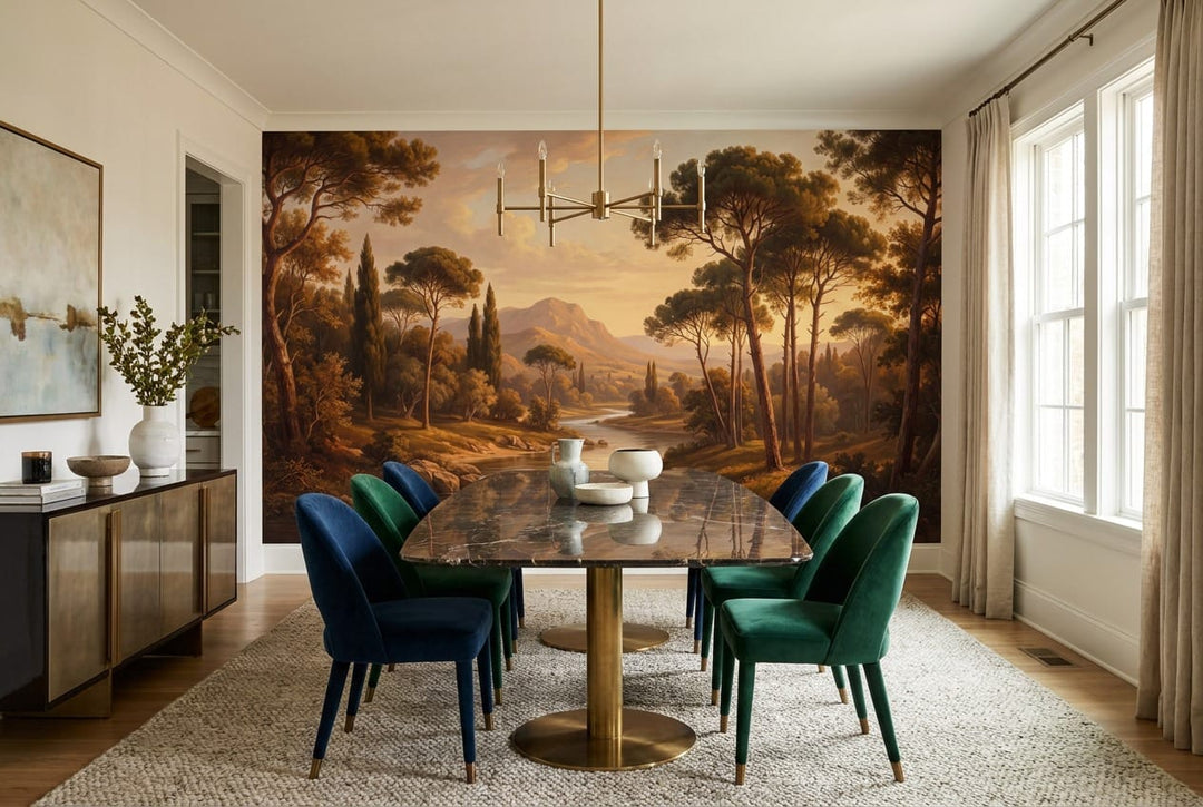 Golden Brown Oil Painting Mediterranean Pine Tree Wallpaper Mural in dining