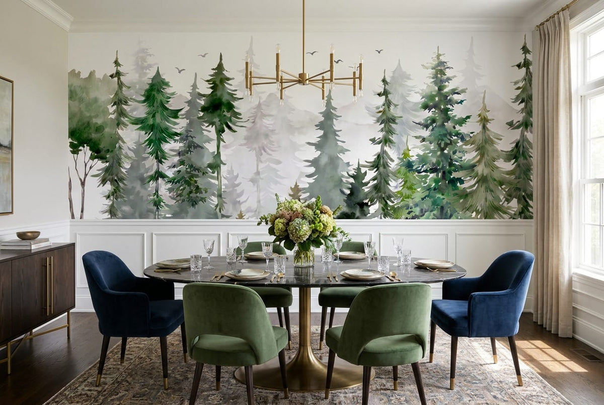 Forest Green Watercolor Nordic Pine Tree Wallpaper Mural in dining