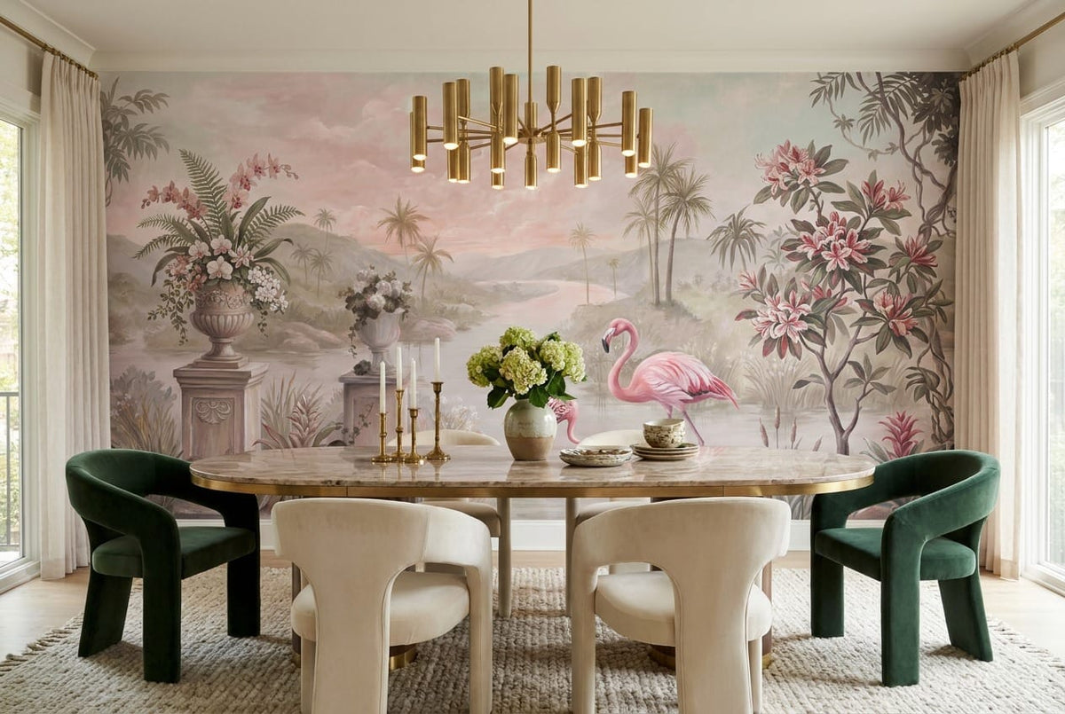 Blush Pink Botanical Tropical Rainforest Wallpaper Mural scene image