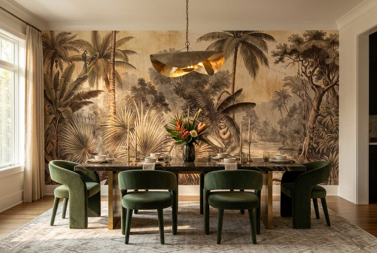 Warm Tan Botanical Tropical Rainforest Wallpaper Mural scene image