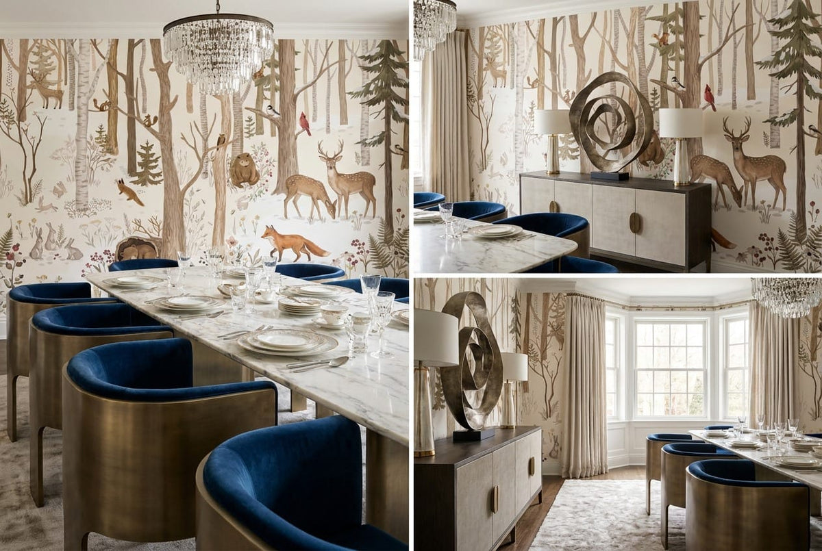Frozen Tan Enchanted Nordic Winter Forest Wallpaper Mural in dining