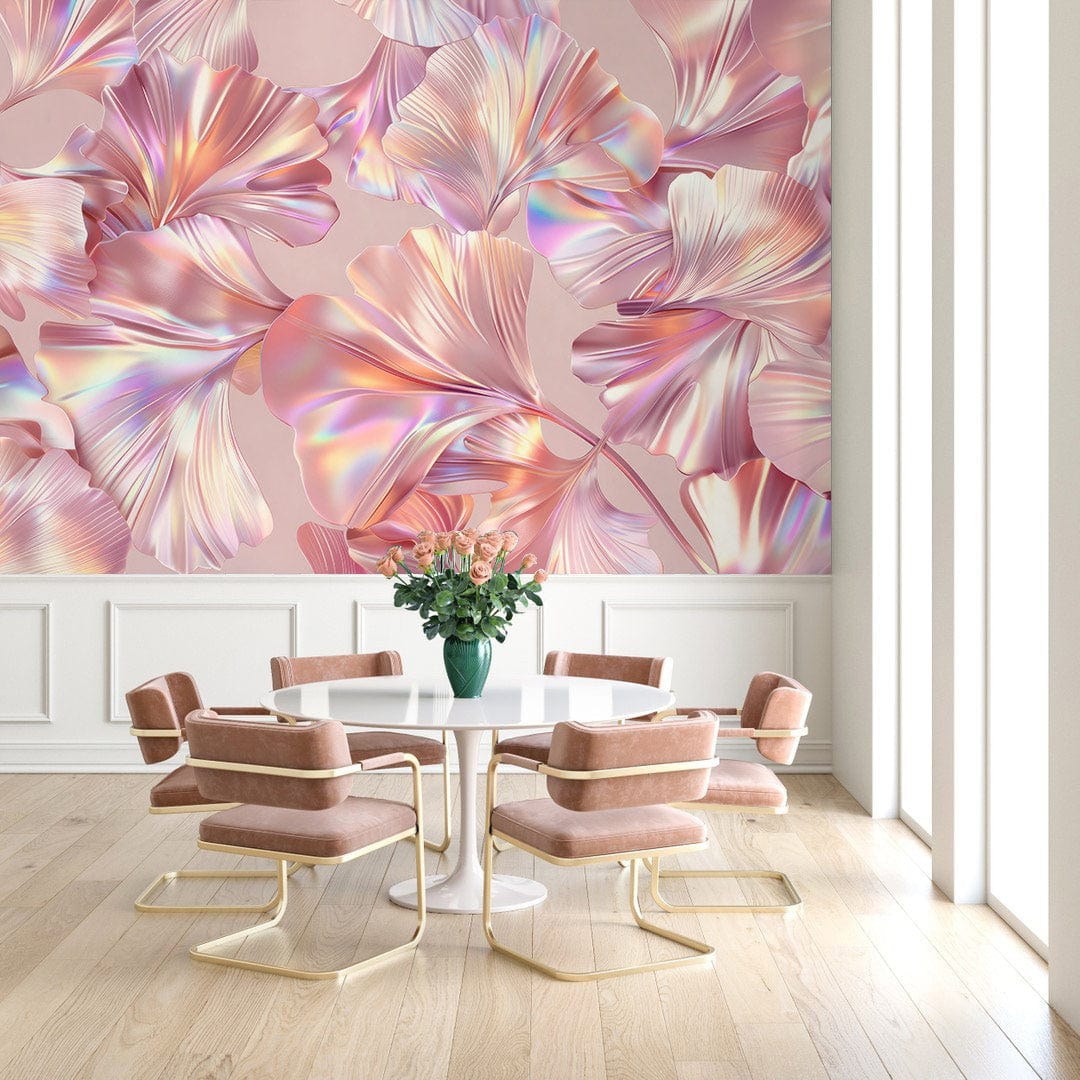 Iridescent pink floral mural wallpaper with modern dining set, light wood flooring, and white panelling.