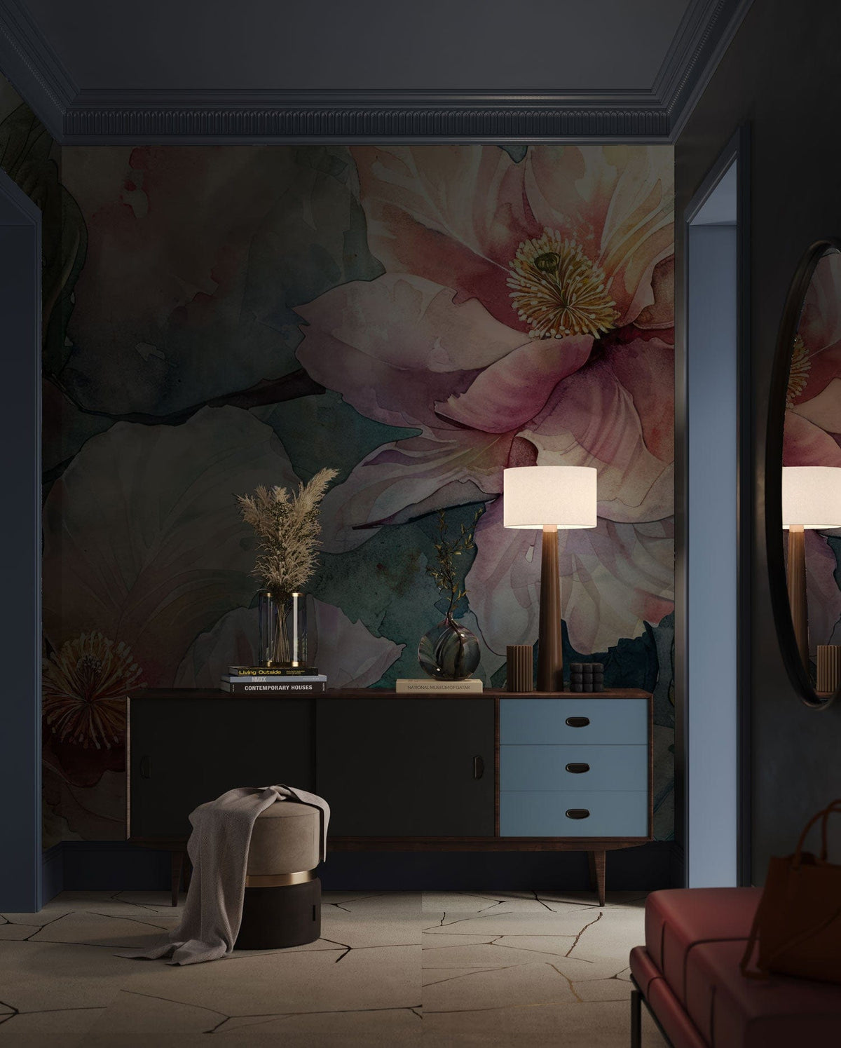 Elegant watercolour floral wall mural with soft pastel hues in a stylish living room setting.