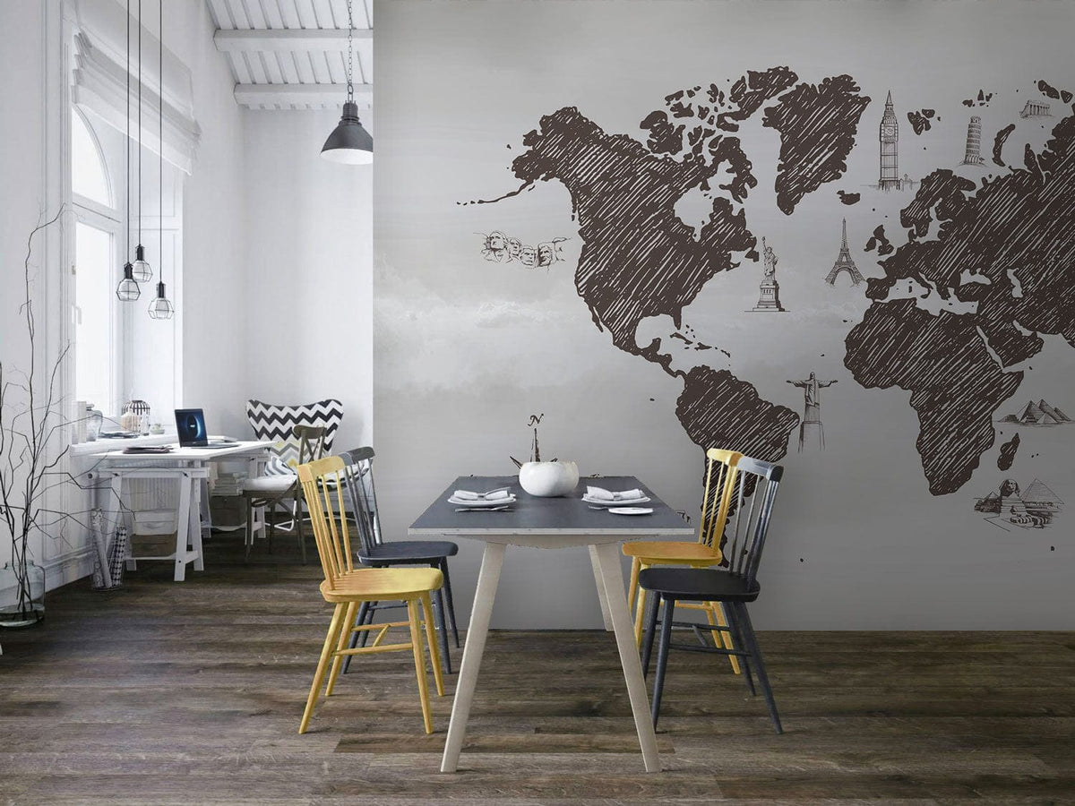 Vintage Sketch World Map Mural Wallpaper in modern dining room, charcoal grey tone, wooden flooring.