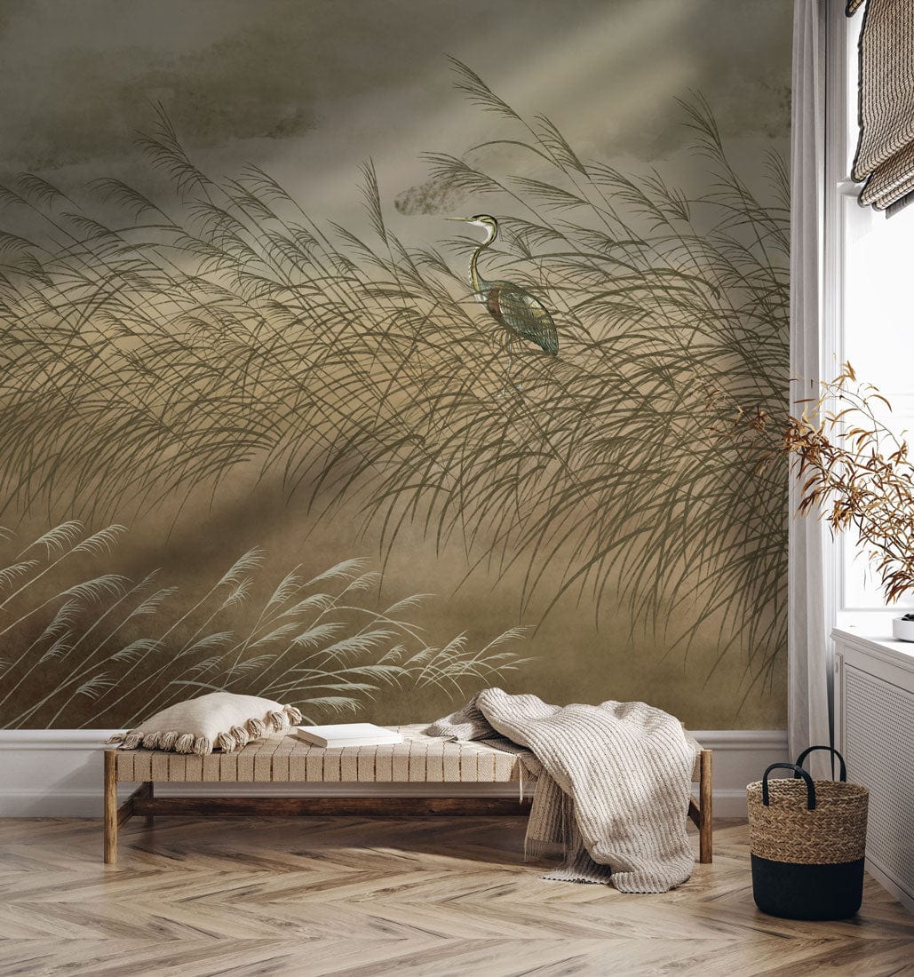 Tranquil Heron Mural Wallpaper, soft earthy tones in cosy room, wooden bench, herringbone flooring.