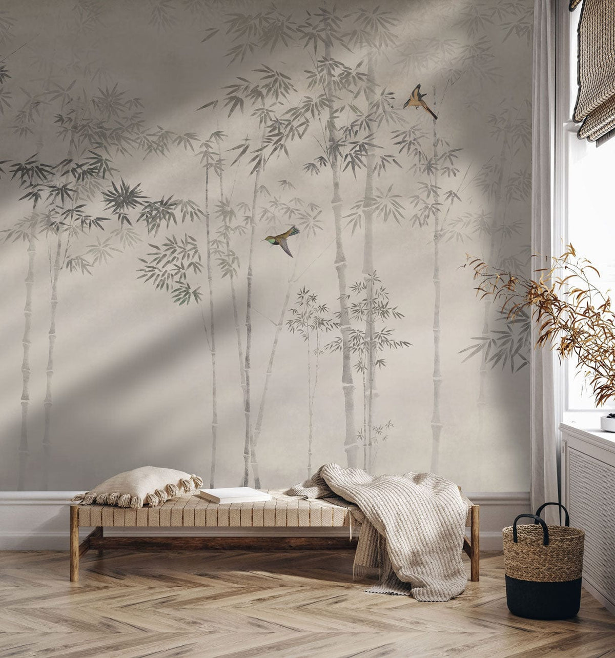 Elegant bamboo mural in grey with birds, wooden bench, herringbone floor, living room Décor.