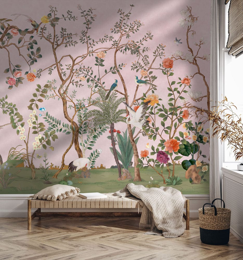 Elegant pastel botanical mural wallpaper, vintage garden design, featuring wooden bench, chevron flooring.