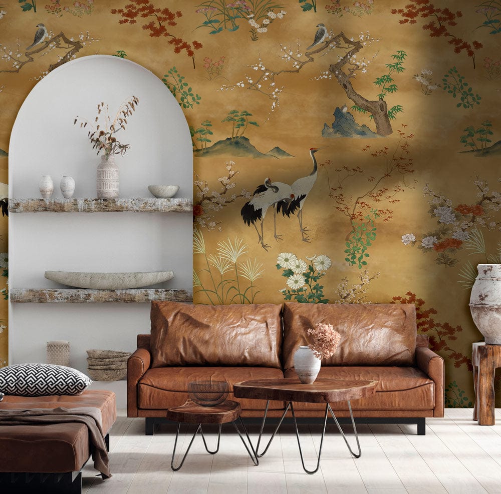 Elegant Vintage Wallpaper with Floral Crane Design, Brown Leather Sofa, Minimalist Shelf, Rustic Decor.