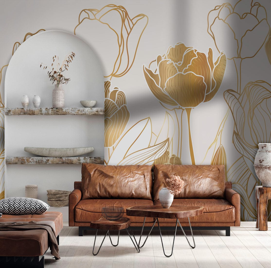 Elegant Gold Tulip Floral Mural Wallpaper with brown leather sofa, rustic shelves, and wooden flooring.