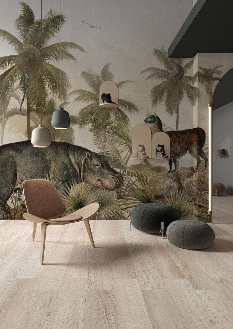 Vintage Jungle Safari Mural Wallpaper with exotic animals, light wooden flooring, modern brown chair, pendant lights.