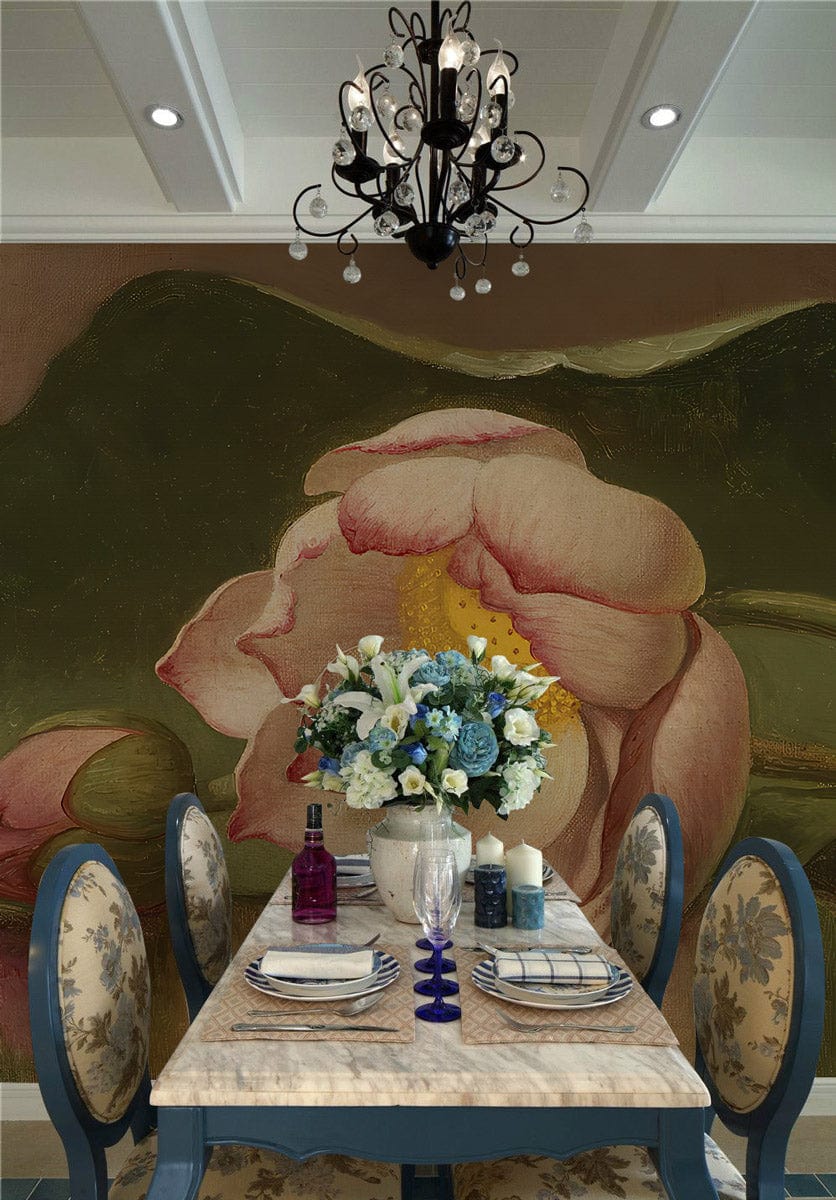 Vintage Lotus Blossom Mural Wallpaper, dining room, floral chairs, elegant chandelier, classic table setting.