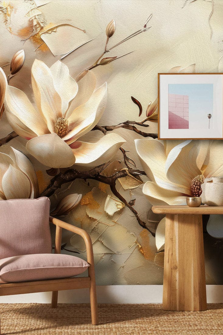 Elegant Magnolia Mural Wallpaper, soft cream tones, modern beige room, pink armchair, wooden table.