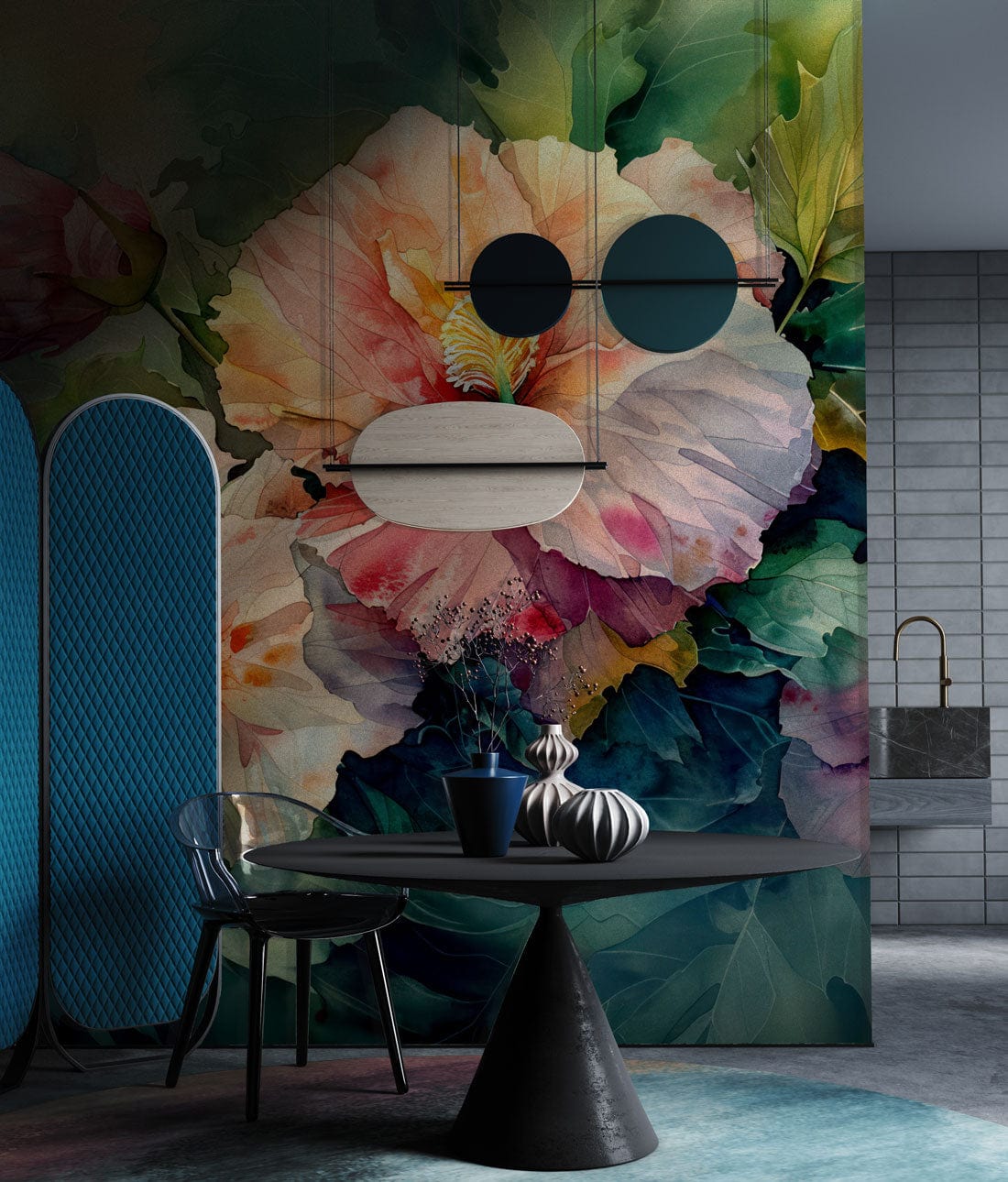 Watercolour Floral Mural Wallpaper with Pastel Green Leaves in dining room, modern table, blue partition.