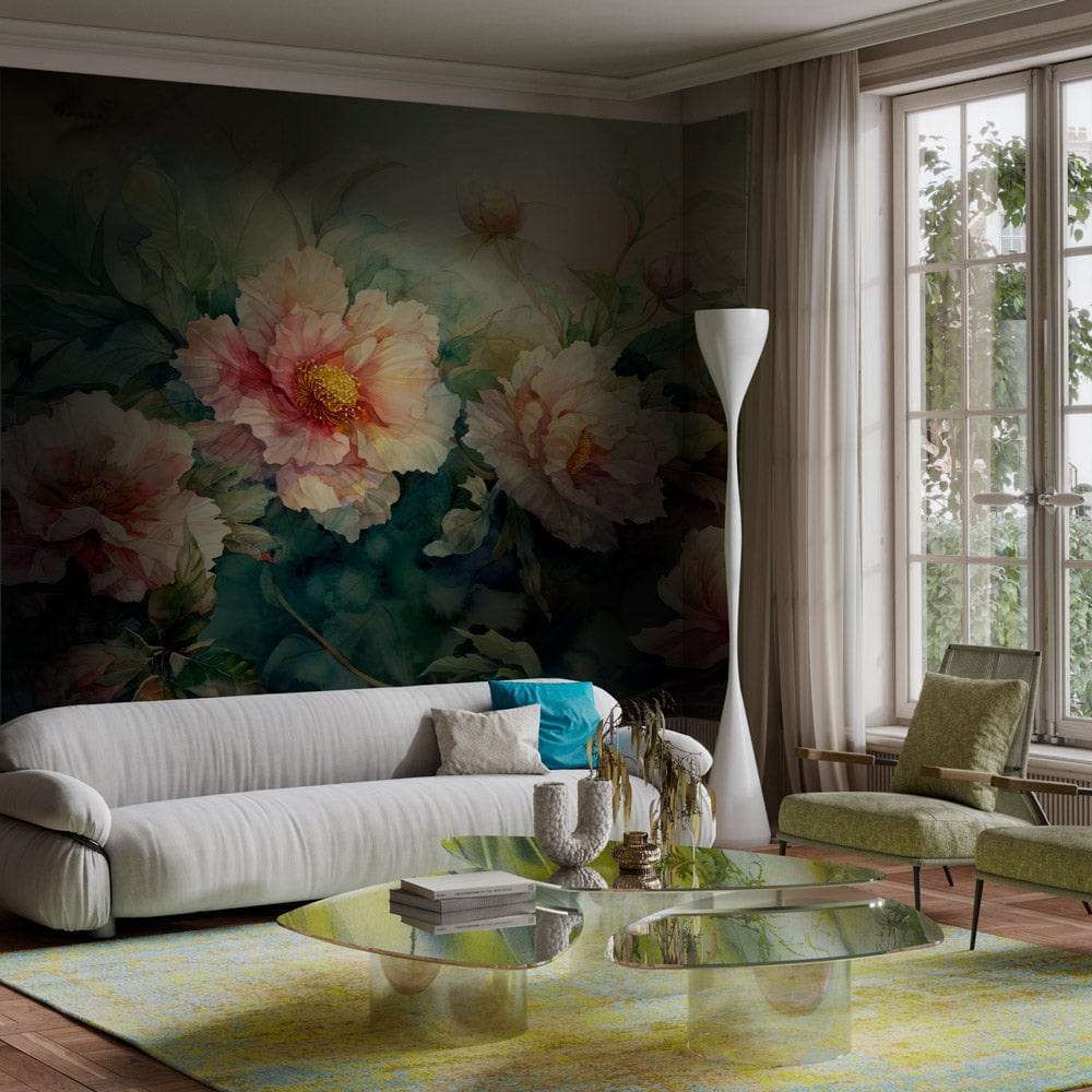 Elegant pastel watercolour floral mural wallpaper in pink hues, white sofa, modern living room setting.