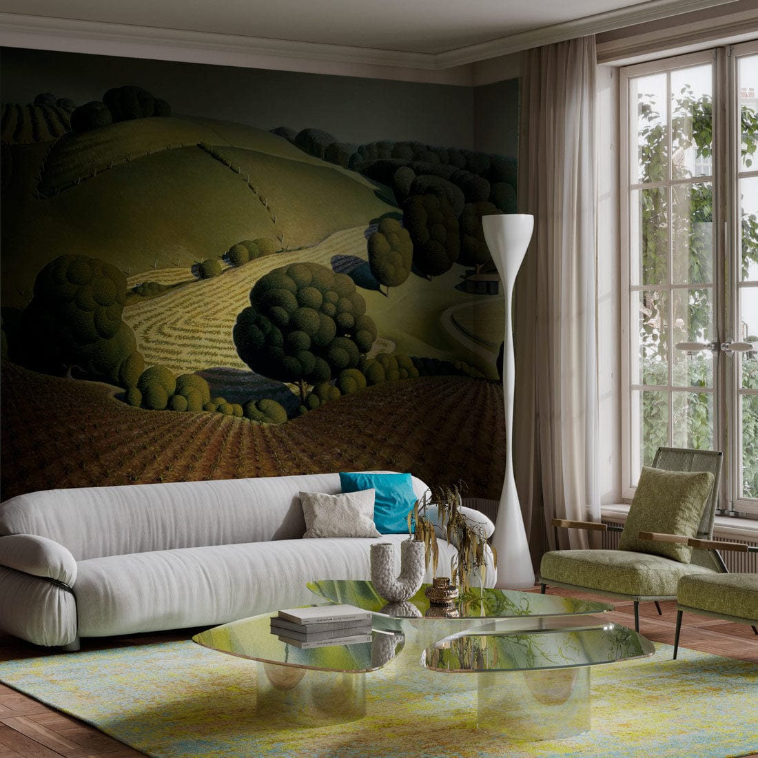 Green mural wallpaper in living room, white sofa, wooden flooring, glass table, floor lamp.