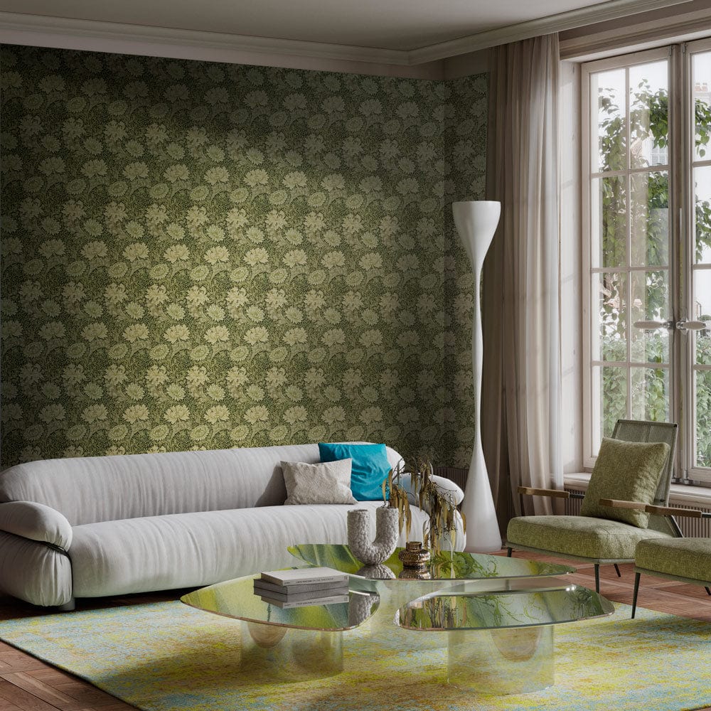 Elegant sage green floral wallpaper, vintage style, white sofa, modern glass table, living room setting.