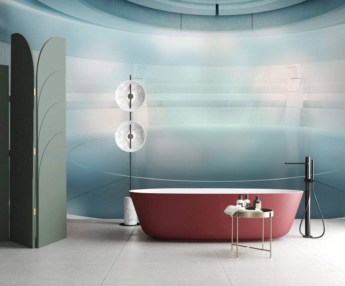 Futuristic mural wallpaper in modern bathroom with red freestanding tub, green divider, and sleek flooring.