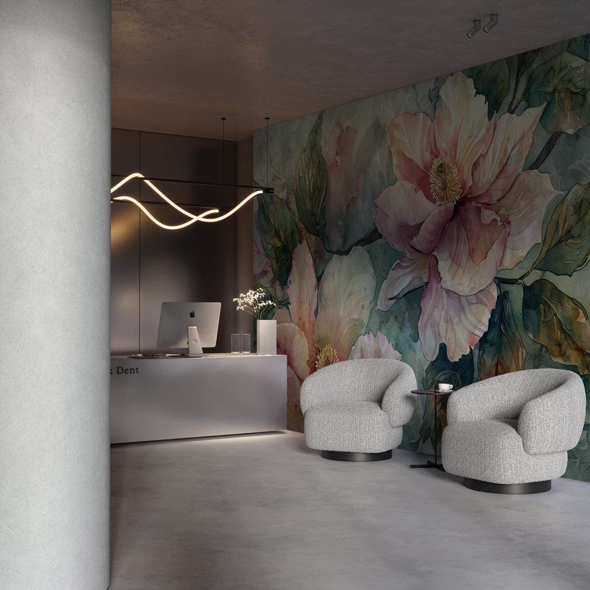 Elegant floral wall mural with pastel hues, leafy greens, modern armchairs, minimalist office reception design.