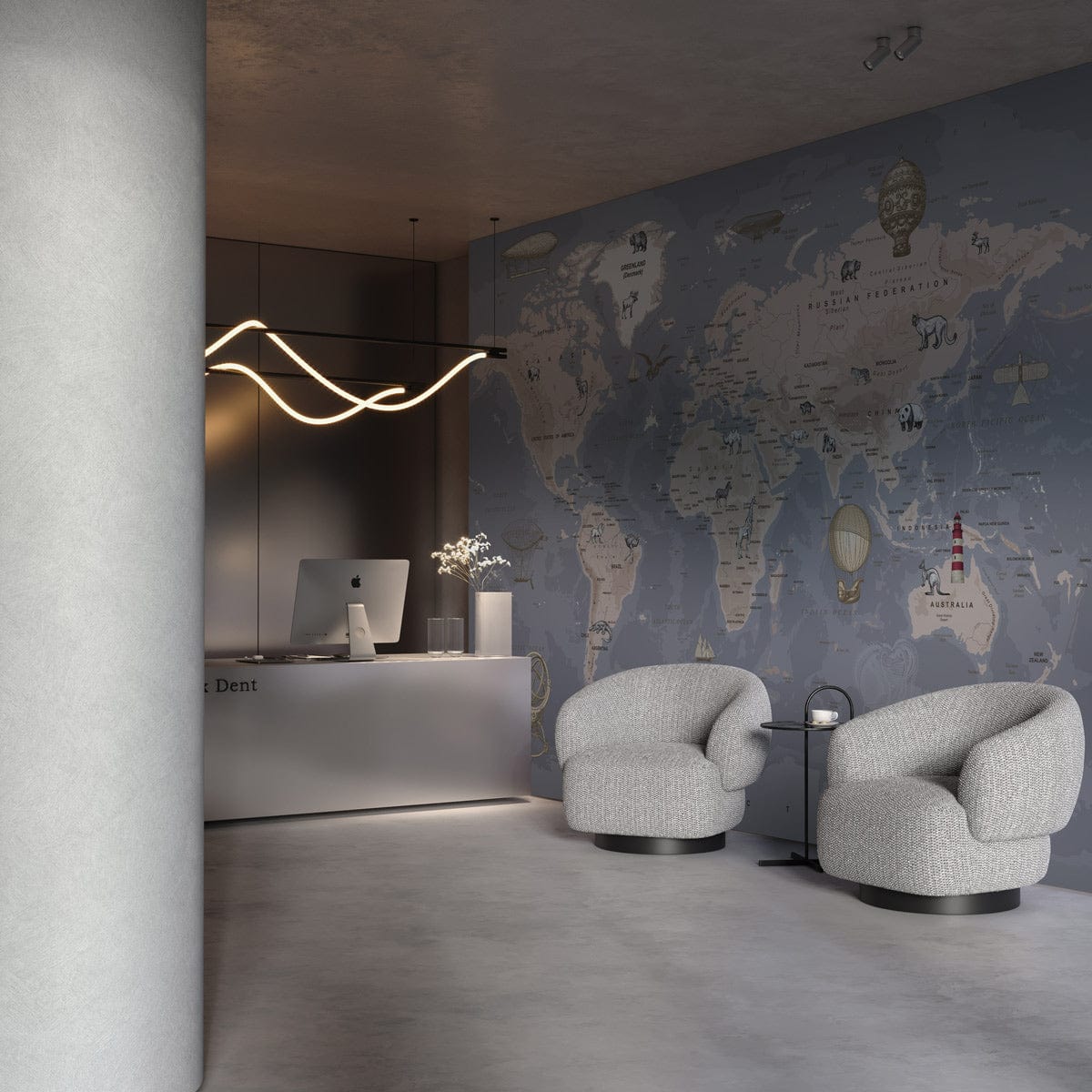Elegant reception area featuring Vintage World Map Mural Wallpaper, grey armchairs, and minimalist lighting.