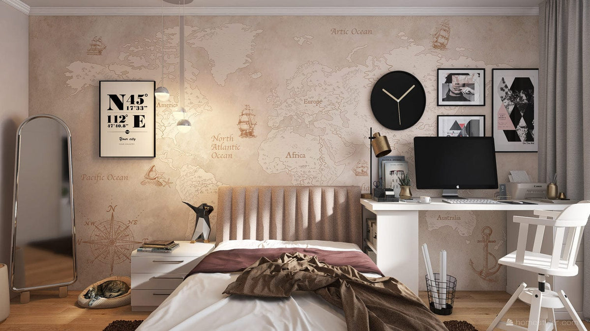 Vintage World Map Mural Wallpaper in sepia tones, oak flooring, cosy bedroom with modern desk setup.