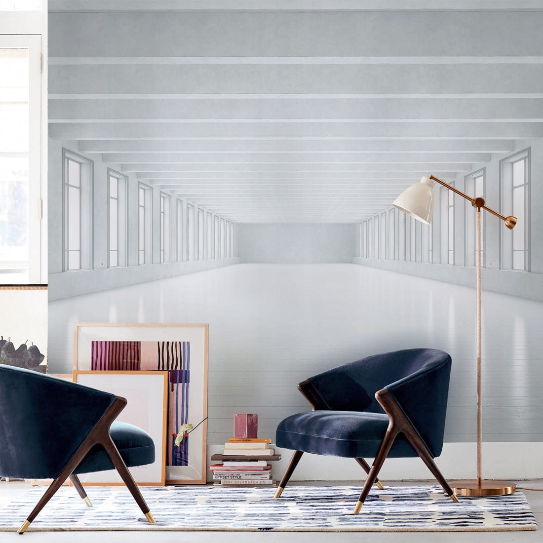 Minimalist mural wallpaper in a spacious interior with blue chairs, modern floor lamp, and abstract art.