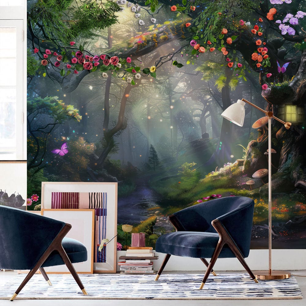 Enchanted Forest Mural Wallpaper in living room with blue velvet chairs and decorative floor lamp.